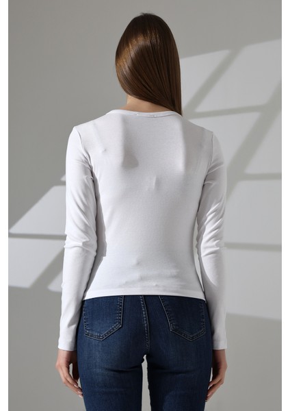 Yakası Düğmeli Likralı Ribana Kumaş Uzun Kol Bluz 21926 Beyaz fırsatları