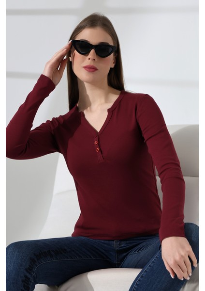 Yakası Düğmeli Likralı Ribana Kumaş Uzun Kol Bluz 21926 Bordo