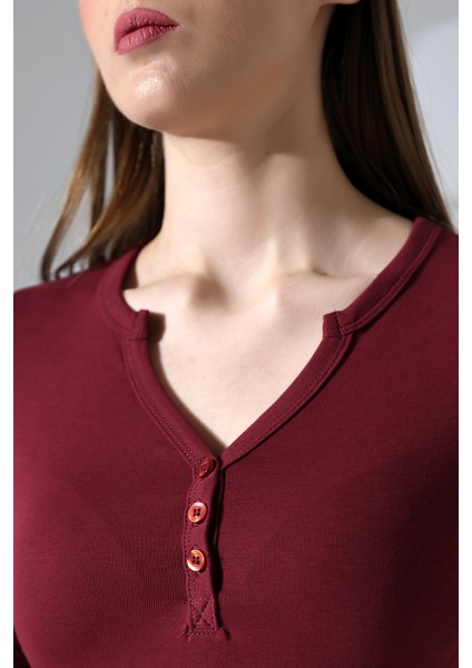 Yakası Düğmeli Likralı Ribana Kumaş Uzun Kol Bluz 21926 Bordo fiyatları