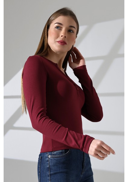 Yakası Düğmeli Likralı Ribana Kumaş Uzun Kol Bluz 21926 Bordo modelleri