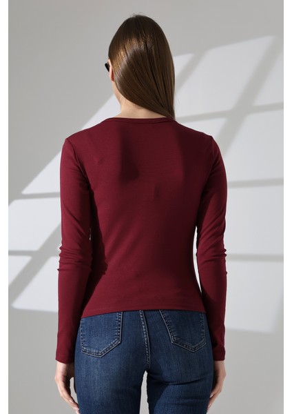 Yakası Düğmeli Likralı Ribana Kumaş Uzun Kol Bluz 21926 Bordo fırsatları