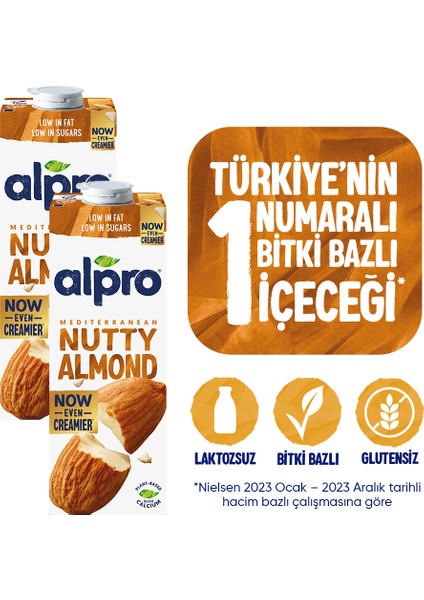 Badem Sütü 2 x 1 lt Laktozsuz Bitkisel Vegan Süt