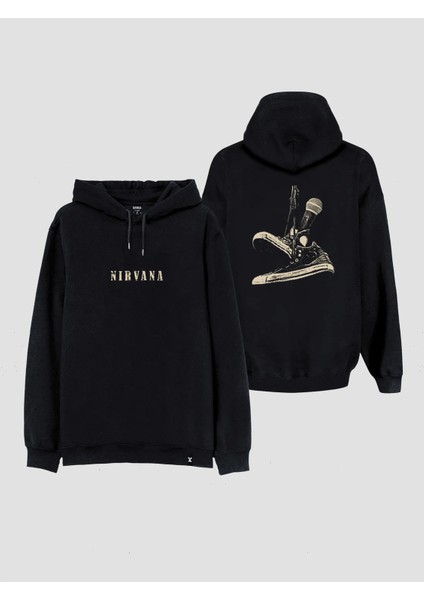 Nirvana Kurt Cobain Baskılı Çift Taraflı Kapşonlu Yetişkin Unisex Siyah Sweathsirt
