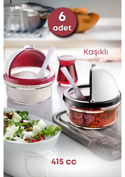 6 Adet Plastik Kapaklı Kaşıklı Cam Şekerlik Tuzluk Biberlik Baharatlık Seti- Baharat Takımı 415 cc