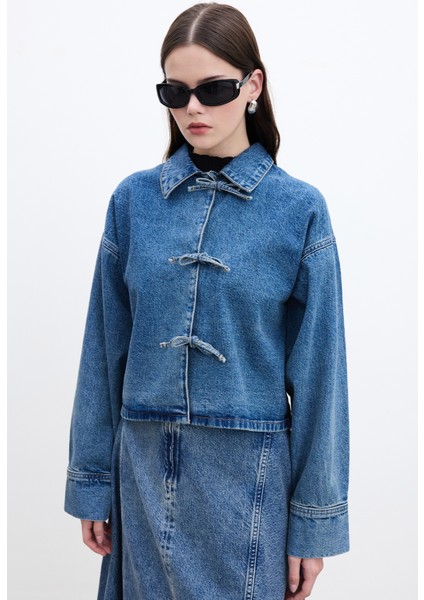 Bağcıklı Denim Bluz Mavi indirimleri