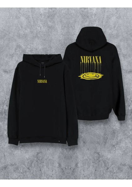 Nirvana Müzik Grubu Baskılı Siyah Çift Taraflı Kapşonlu Erkek Kadın Unisex Sweathsirt
