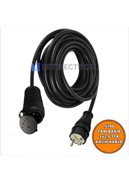Kauçuk Tekli Topraklı Ara Uzatma Kablosu 13 Metre 3x2,5 Mm² Ttr Kalın Siyah Kablolu