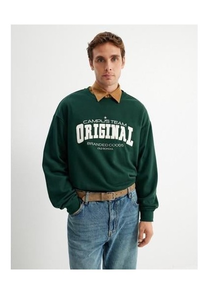 Kolej Baskılı Sweatshirt Bisiklet Yaka Uzun Kollu