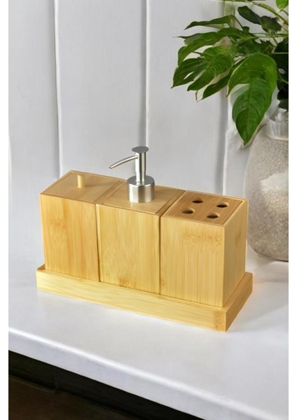 Bambu 4 Parça Banyo Seti Sabunluk Diş Fırçalık Pamukluk Seti C-1-1-18