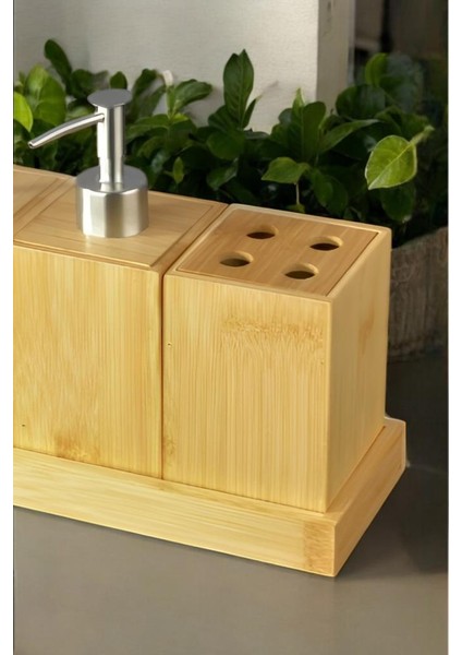 Bambu 4 Parça Banyo Seti Sabunluk Diş Fırçalık Pamukluk Seti C-1-1-18