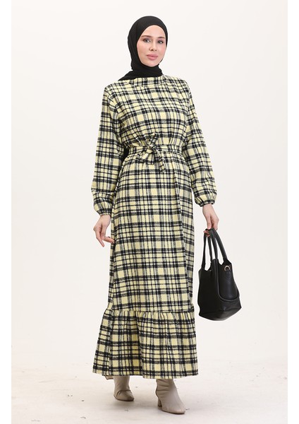 Oduncu Kumaş Kuşaklı Elbise 0561-04 Sarı