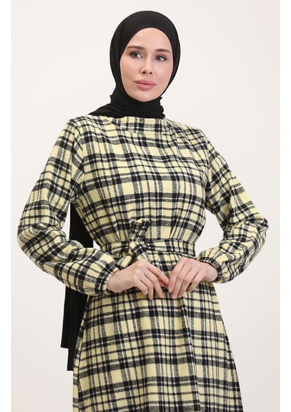 Oduncu Kumaş Kuşaklı Elbise 0561-04 Sarı modelleri