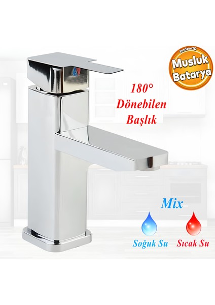 Side Mix Batarya Krom Lavabo Banyo Mutfak Musluğu Musluk Mermer Tezgah Üstü Çift Su Giriş Evye