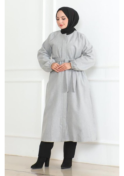 Gizli Pat Kuşaklı Kaşe Kaban 0504-01 Gri