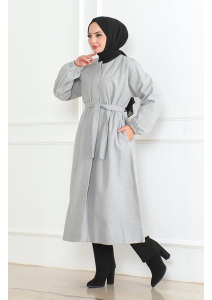 Gizli Pat Kuşaklı Kaşe Kaban 0504-01 Gri fiyatları