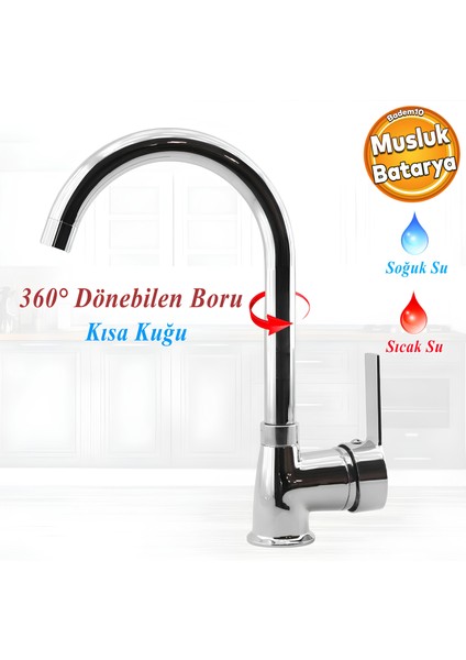 Lara Mix Kısa Batarya Krom Lavabo Banyo Mutfak Musluğu Musluk Mermer Tezgah Üstü Çift Su Giriş Evye