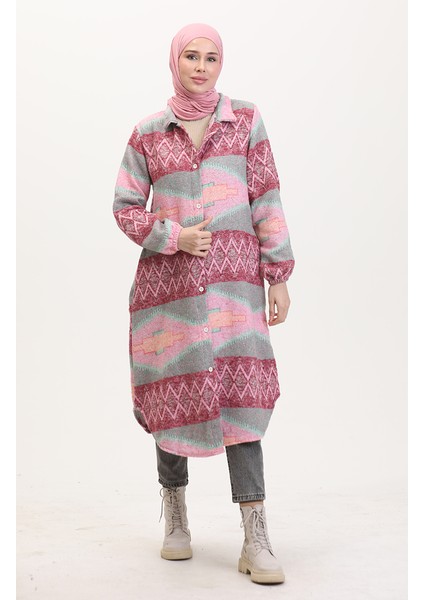 Etnik Desen Düğmeli Kap 0557-04 Pembe Yeşil