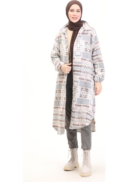 Etnik Desen Düğmeli Kap 0556-08 Gri