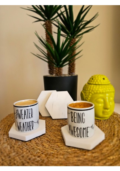 Mermer Nihale (Çaydanlık -Tencere Altlığı) ve 4 Adet Bardak Altlığı Set Beyaz Altıgen