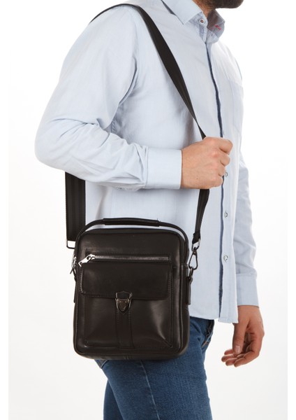 Erkek Siyah Hakki Deri Çapraz Askılı El ve Omuz Çantası newpolo294