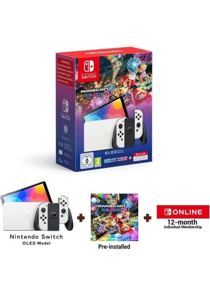 Switch OLED Konsol Beyaz + Mario Kart 8 Deluxe + 12 Months Nso