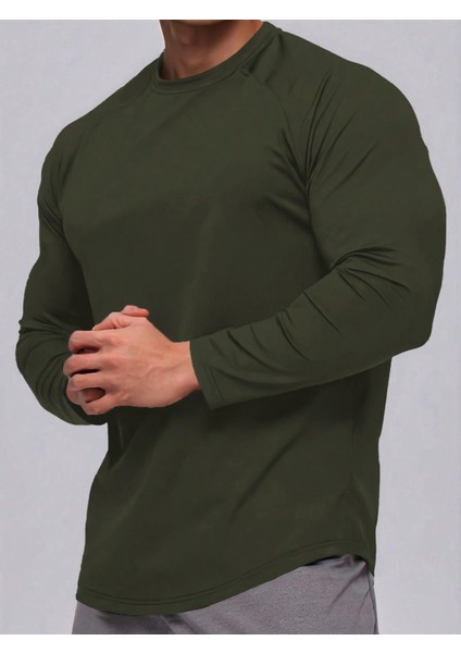 Erkek Running Sports Reglan Oval Kesim Uzun Kollu Pamuklu Penye T-Shirt