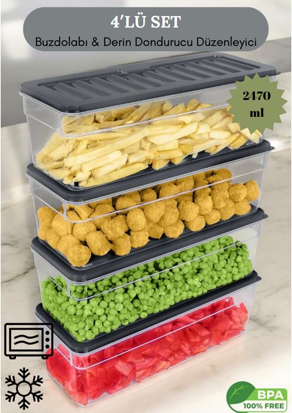 4'lü Buzdolabı Organizeri Mikrodalga ve Dipfrize Uygun Saklama Kabı Antrasit