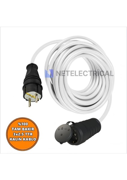 Kauçuk Tekli Topraklı Ara Uzatma Kablosu 1 Metre 3x2,5 Mm² Ttr Kalın Beyaz Kablolu