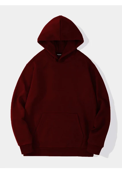 Unisex Basic Düz Renk Kapüşonlu Içi Yumuşak Polarlı Oversize Sweatshirt - Bordo