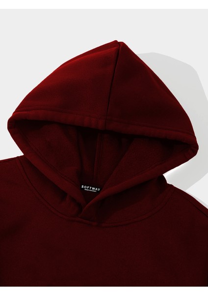 Unisex Basic Düz Renk Kapüşonlu Içi Yumuşak Polarlı Oversize Sweatshirt - Bordo