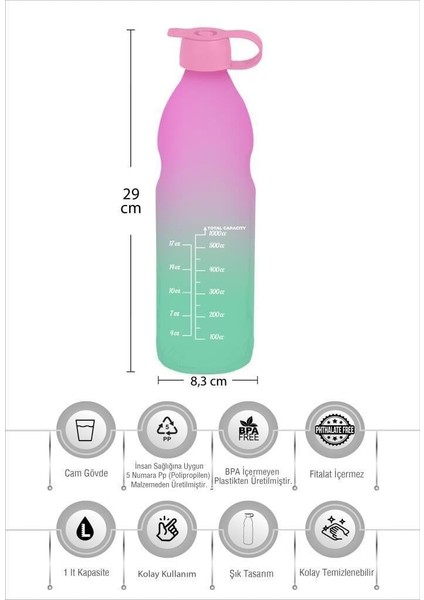1 Lt Çift Renk Boyalı Ölçü Baskılı Boğumlu Cam Su Şişesi-Pembe