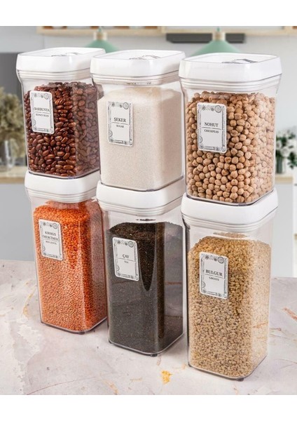 6lı Kare 1,1 Lt +1,5 Lt Erzak Bakliyat Saklama Kabı Baharatlık Seti-Beyaz-25 Adet Etiketli