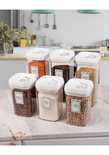 6lı Kare 1,1 Lt +1,5 Lt Erzak Bakliyat Saklama Kabı Baharatlık Seti-Beyaz-25 Adet Etiketli