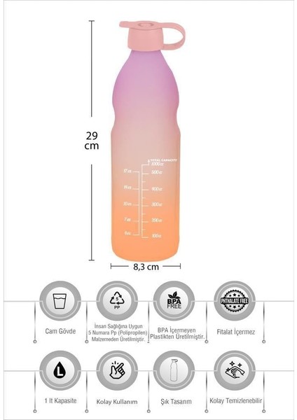 1 Lt Çift Renk Boyalı Ölçü Baskılı Boğumlu Cam Su Şişesi-Yavru Ağzı