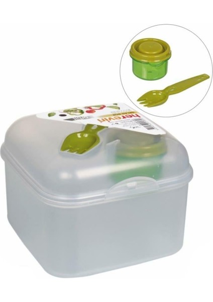 Çatal ve Sosluklu Kapaklı Salata Kabı Şeffaf