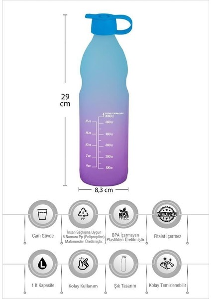 1 Lt Çift Renk Boyalı Ölçü Baskılı Boğumlu Cam Su Şişesi-Mavi