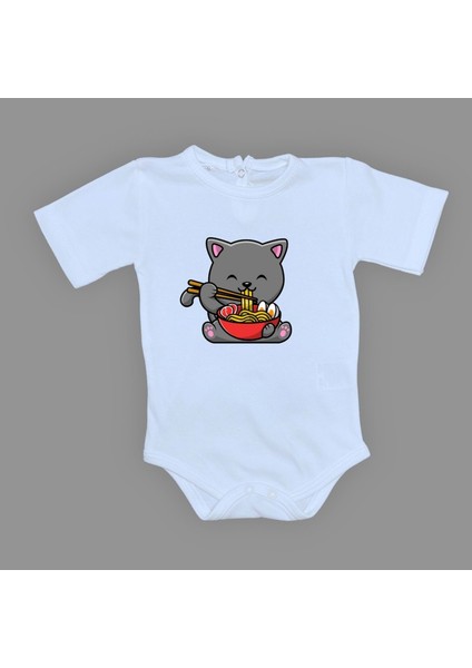 Yemek Yiyen Kedi Baskılı Bebek Çıtçıtlı Body Uzun Kısa Kolsuz