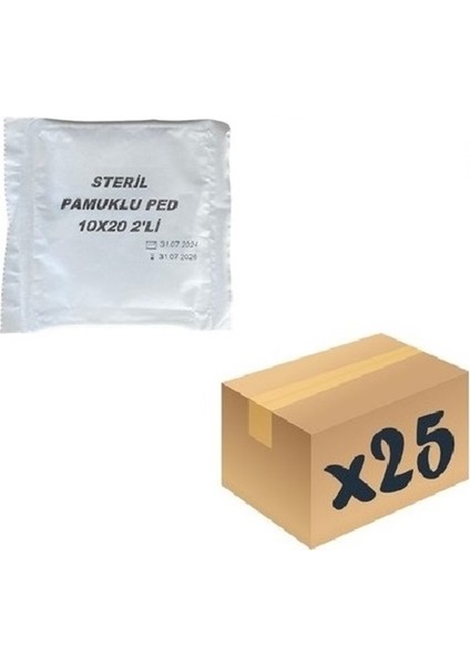 Steril Pamuklu Pansuman Pedi 10 cm x 20 cm 2 Adetli Pakette (25 Paket)