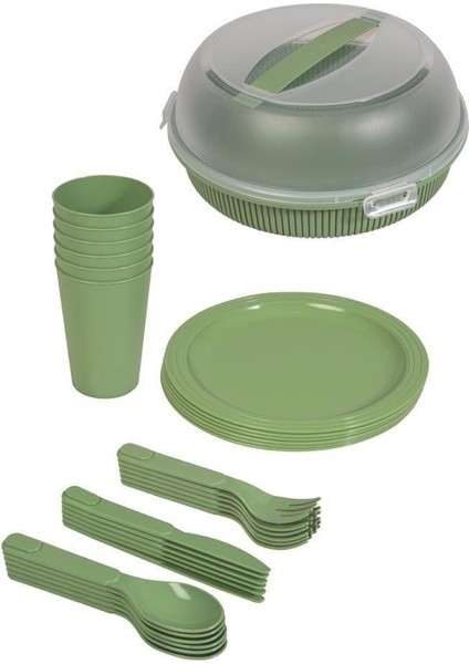 32 Parça (6 x Çatal + Bıçak + Kaşık + Servis Tabağı + Bardak) Piknik Seti - Yeşil