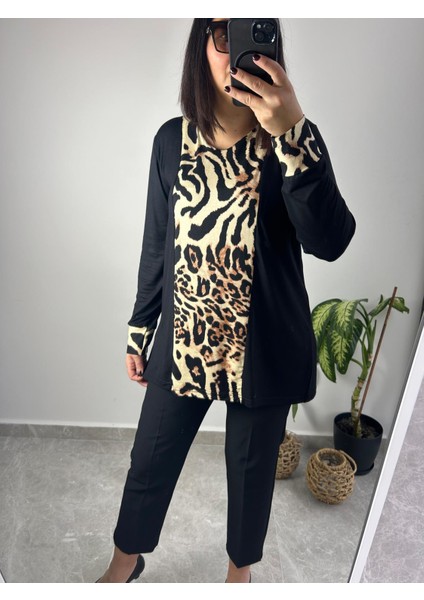 Kadın Büyük Beden Bisiklet Yaka Leopar Desenli Siyah Örme BLUZ-BGB94