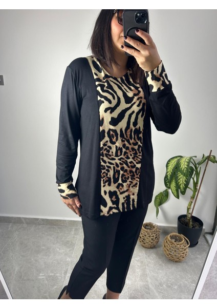 Kadın Büyük Beden Bisiklet Yaka Leopar Desenli Siyah Örme BLUZ-BGB94 fiyatları