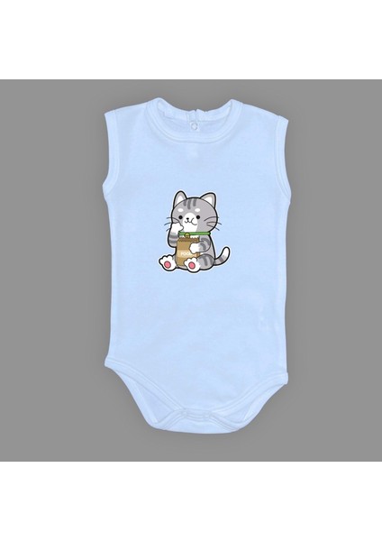 Mama Yiyen Kedi Baskılı Bebek Çıtçıtlı Body Uzun Kısa Kolsuz