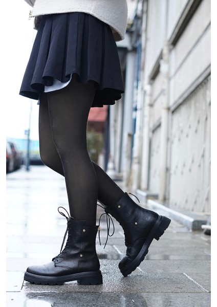 Kadın Arkadan Fermuarlı Zımba Detaylı Kalın Taban Postal Bot Likesta Siyah