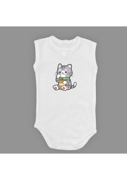 Mama Yiyen Kedi Baskılı Bebek Çıtçıtlı Body Uzun Kısa Kolsuz