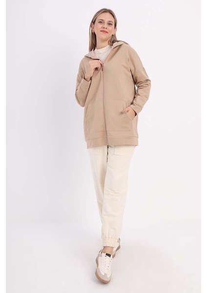 Açık Vizon-Fermuarlı Sweat Hırka