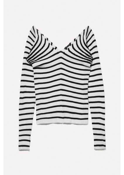 Sisley Yün Karışımlı Çizgili Önü Arkası V Yaka Kazak Kadın Siyah Mix Kazak - 324A109ZL4011 fiyatları