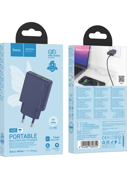 N45 PD30W + Qc3.0 Usb-C + Usb-A Hızlı Şarj Adaptörü