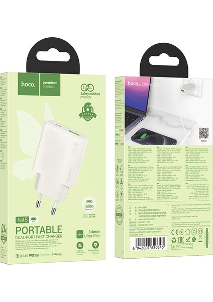 N45 PD30W + Qc3.0 Usb-C + Usb-A Hızlı Şarj Adaptörü