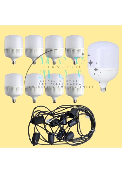220V 10 Metre Pazarcı Tezgah Aydınlatması 9 Ad 50W Torch Günışığı Ampül 9 Adet E27 Duy Set