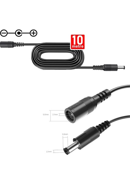 Hexc-10 10 Metre Power (Adaptör) Uzatma Kablosu Wifi Kamera, Cctv Kamera (12V) Dişi / Erkek